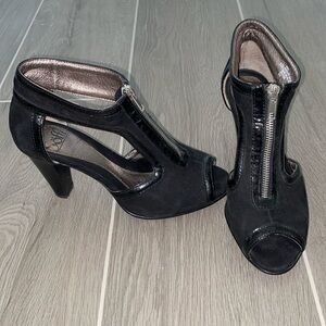 Black Open Side Zip Up Suede Heels